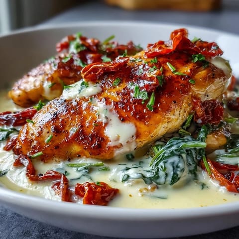 Golden-seared chicken breasts in a luscious creamy Tuscan sauce with Parmesan and fresh spinach.  