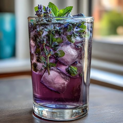 A glass of vibrant lavender lemonade with fresh mint, ice cubes, and lemon slices, served in a clear pitcher.