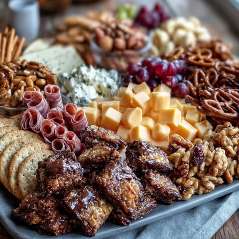 Colorful party platter featuring cheddar cubes, salami, berries, and pretzels for festive snacking.
