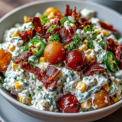 Creamy Corn Salad with Jalapeño, a vibrant mix of sweet corn and crunchy veggies in a tangy dressing.  