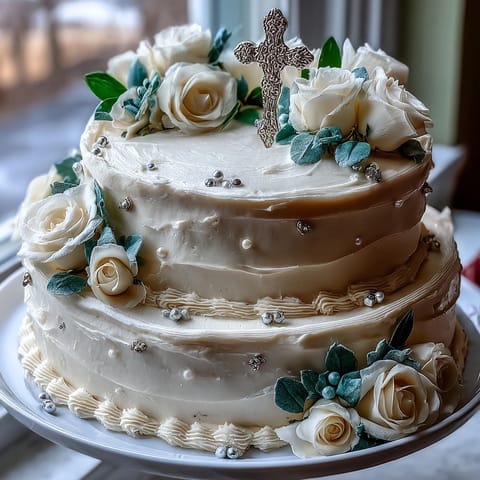Beautiful vanilla sponge cake with silky buttercream, decorated with delicate white roses and a golden cross topper.