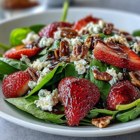 Fresh spring strawberry spinach salad with creamy goat cheese, candied pecans, and tangy balsamic dressing in a large bowl.  