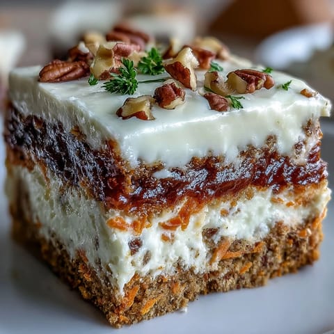 Decadent carrot cake cheesecake bars with creamy layers and warm spices, perfect for spring gatherings and dessert tables.