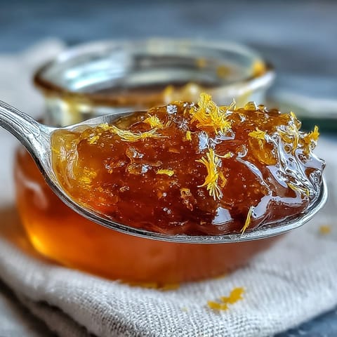 Vibrant dandelion jelly with fresh lemon and honey, spread on warm toast in soft morning light.