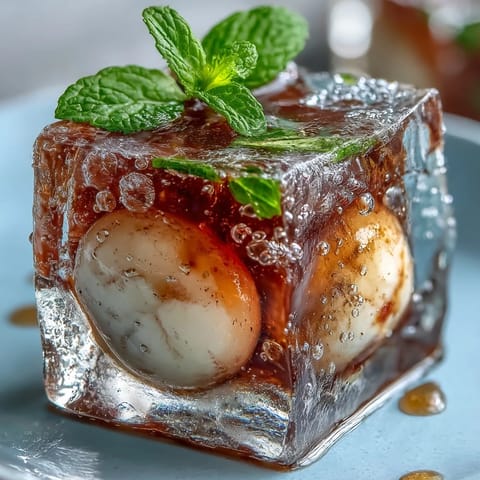 Translucent lychee agar jelly cubes elegantly suspended in vibrant sparkling yuzu water.