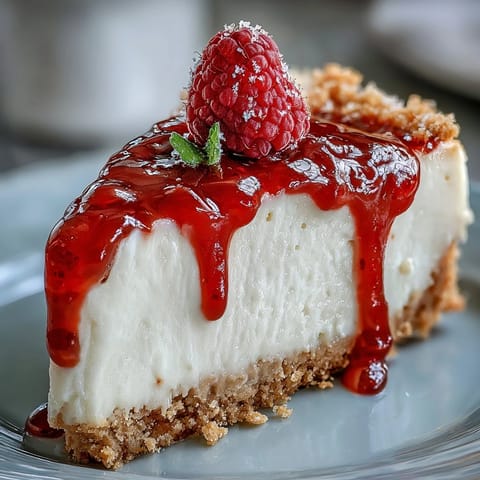 Creamy Mother's Day no-bake cheesecake with vibrant raspberry coulis.