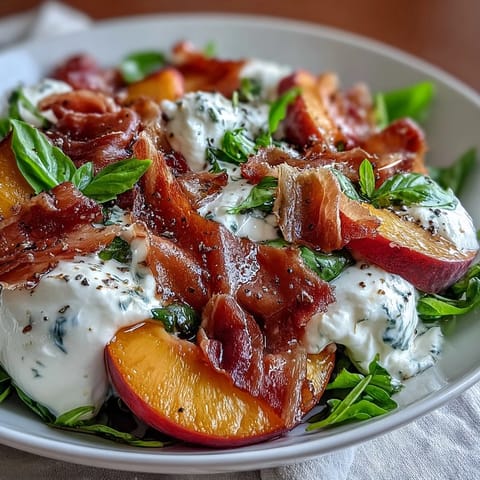 Creamy burrata salad with sweet peaches, prosciutto, and balsamic glaze.