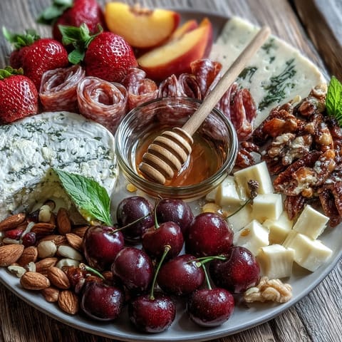Vibrant Summer Charcuterie Board with fresh fruit, cheese, and honey.