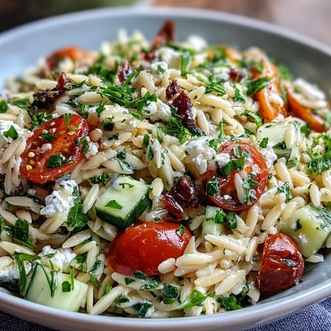 A vibrant, chilled Summer Orzo Salad, tossed with feta cheese and fresh herbs.