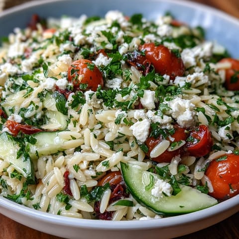 Bright Summer Orzo Salad with Feta, overflowing with crisp veggies and lemon zest.
