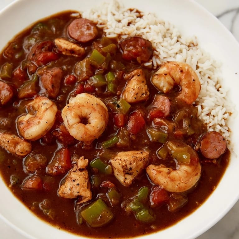 A close-up of hearty Louisiana gumbo, rich dark color, filled with meat, vegetables and flavorful broth.