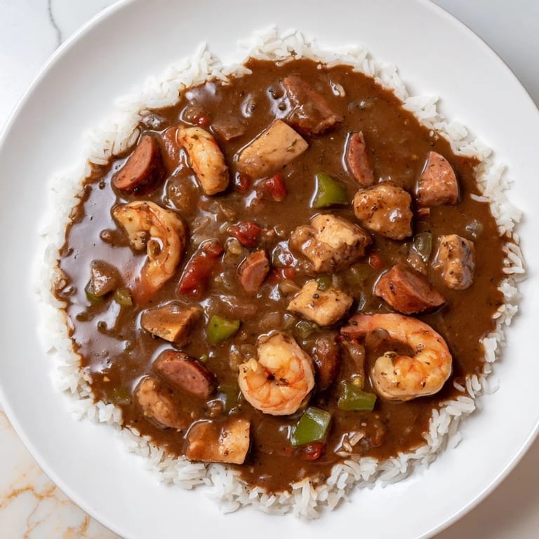 Flavorsome gumbo, a classic Southern stew, served in a bowl with rice, ready for a warm meal.