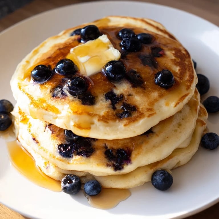 Close-up of golden blueberry pancakes, showing tender blueberry insides, perfect for a cozy American morning.