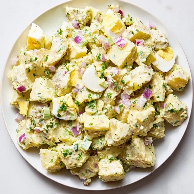 Chilled potato salad with mustard and mayonnaise, perfect for a picnic or BBQ spread.