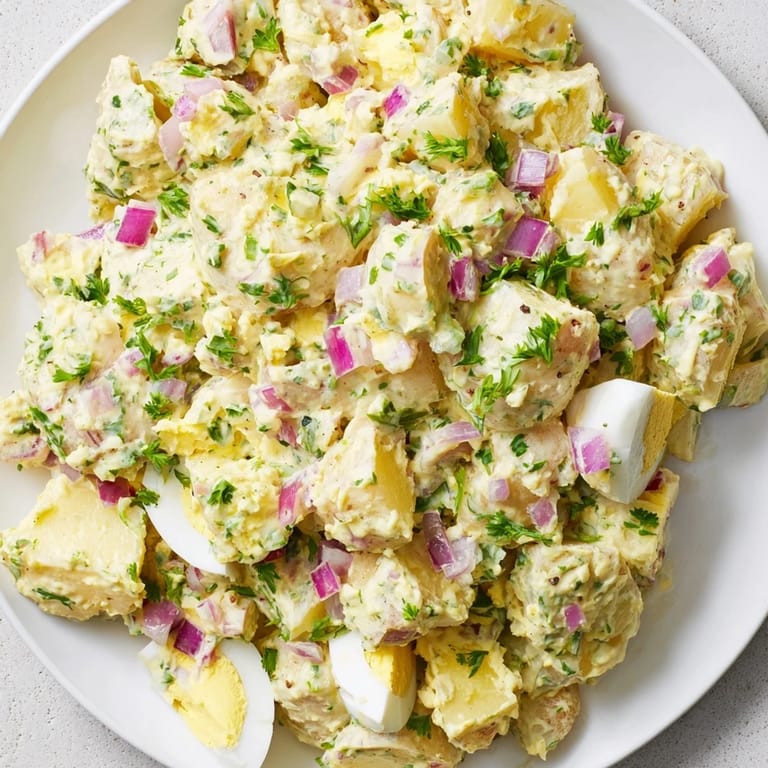 Creamy, homemade potato salad with chopped eggs, ideal for summer gatherings and flavorful meals.