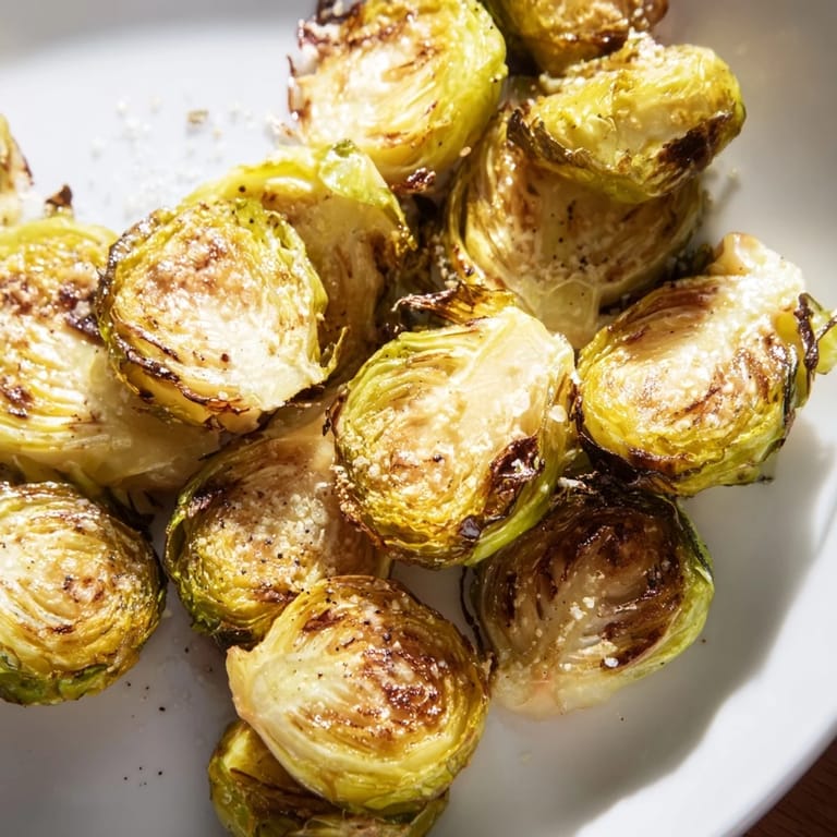 Hot, freshly roasted Brussels sprouts, seasoned just right, offering a delightful nutty and sweet taste.