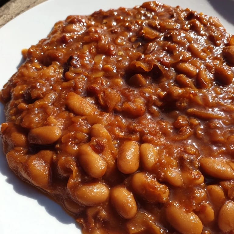 Hearty, bubbling baked beans fresh out of the oven, with a sweet and savory aroma.