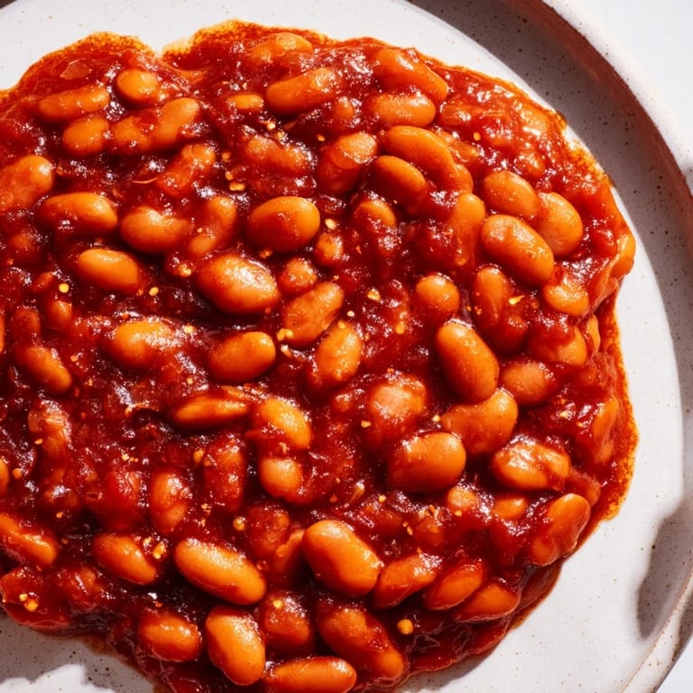 Close-up of golden-brown baked beans: tender beans swimming in a thick, tomato sauce.