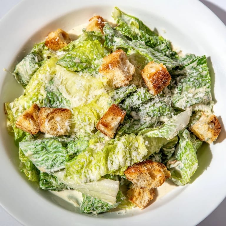 A vibrant photo showcases a classic Caesar salad topped with crunchy croutons and Parmesan.