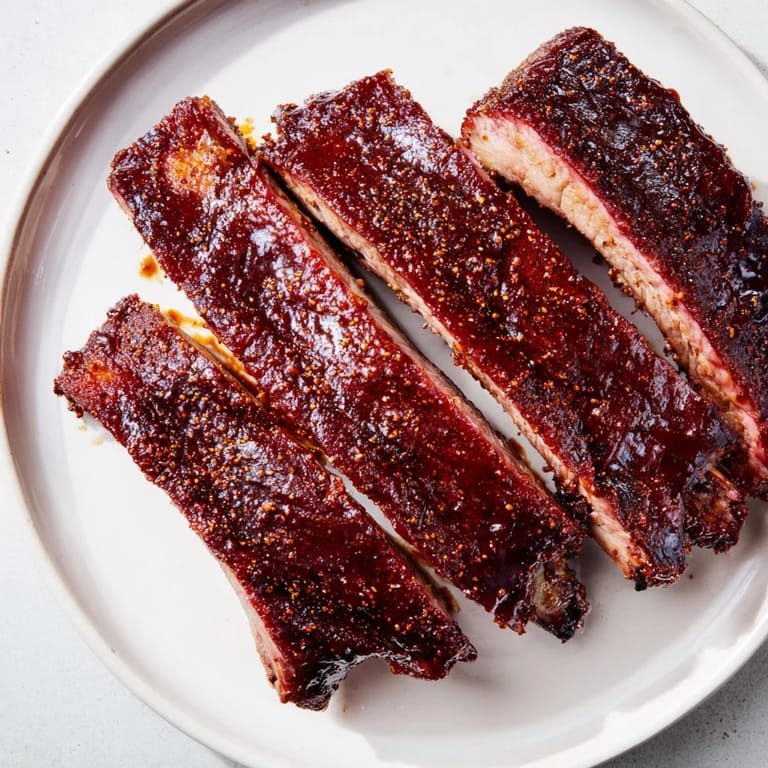 Close-up of fall-off-the-bone BBQ ribs, showcasing the tender meat and rich barbecue sauce.