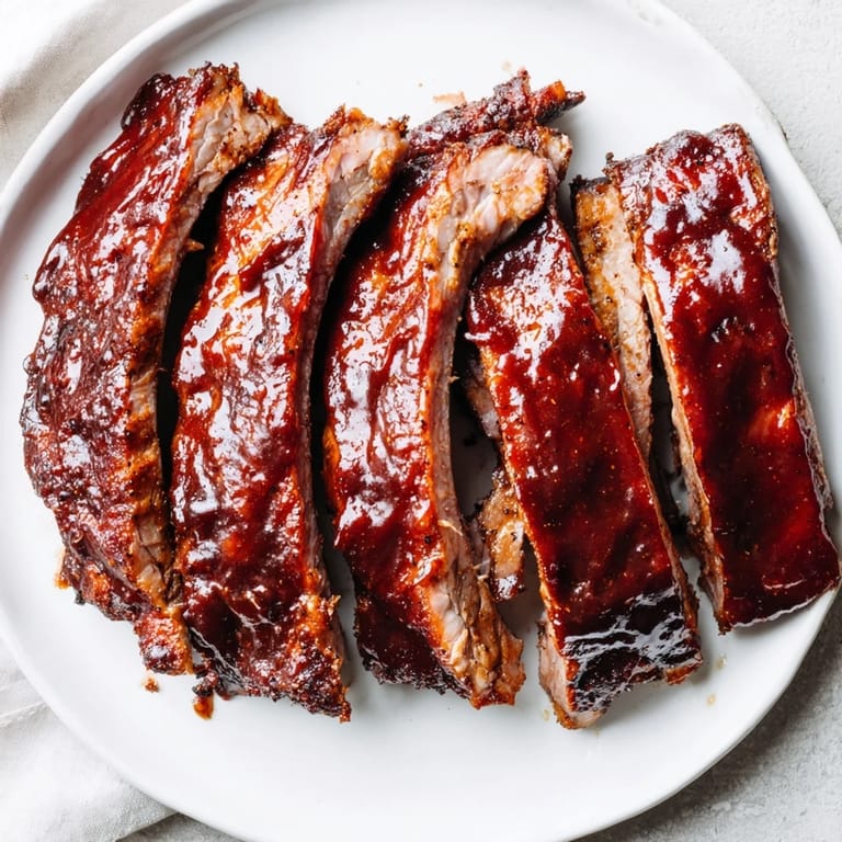 A platter of smoky BBQ ribs, served with glistening sauce and ready to enjoy with sides.