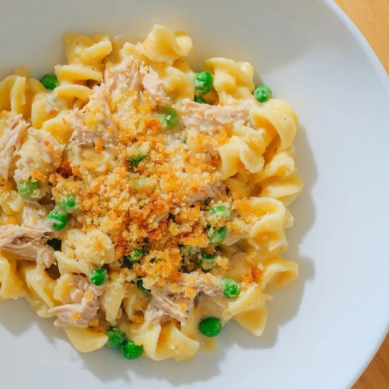 Creamy tuna casserole, featuring tender noodles, peas, and flaky tuna, ready to serve and enjoy.