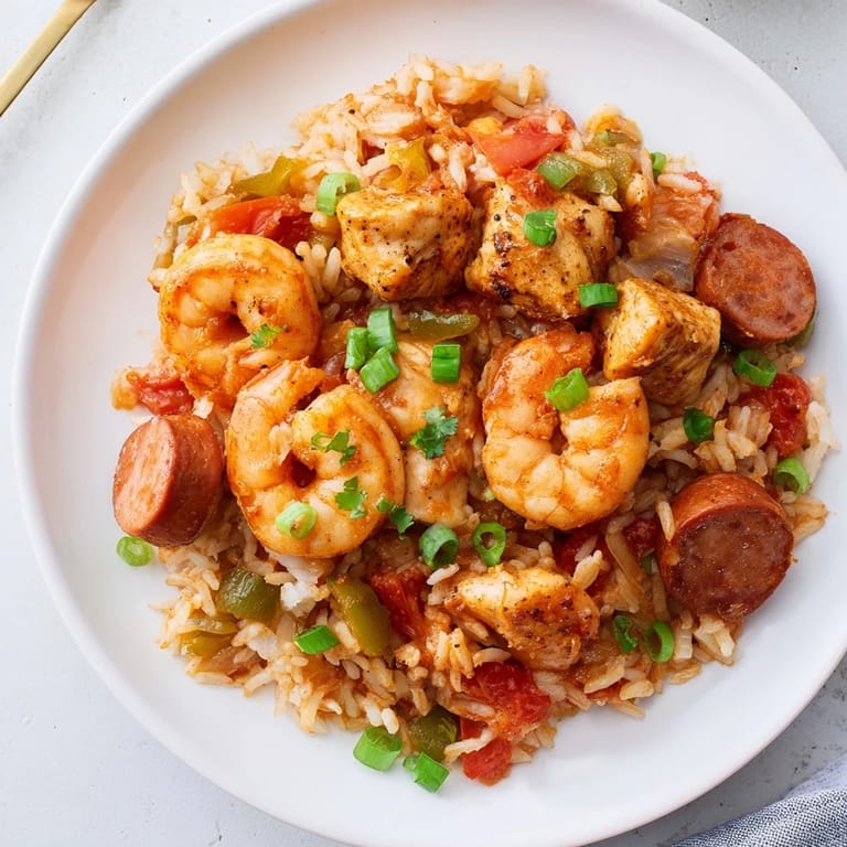 Close-up of hearty Jambalaya showcasing tender chicken, rice, and colorful bell peppers.