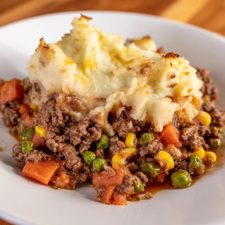 A close-up of Shepherd's Pie: a hearty, comforting casserole with a perfectly golden crust, ready to serve.