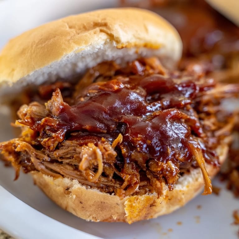 Savory pulled pork sandwich, served with optional coleslaw and pickles, perfect for a casual lunch.