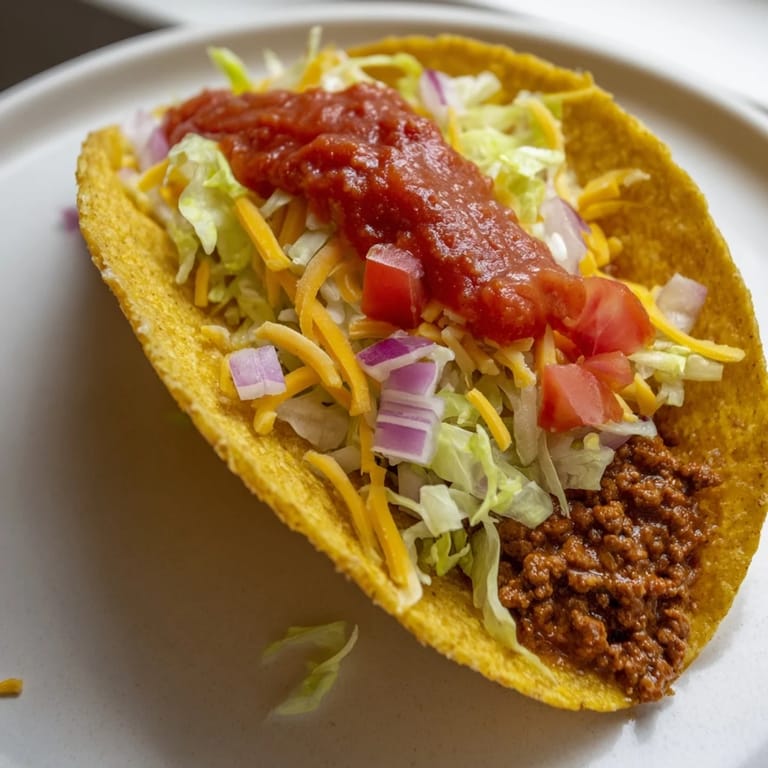 A close-up of delicious American-style tacos; the crispy shells are filled with cheese and salsa.