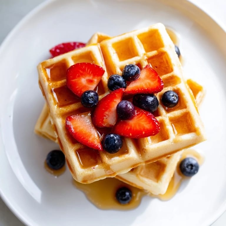 Crispy, hot waffles, a breakfast delight served with a drizzle of maple syrup and cream.