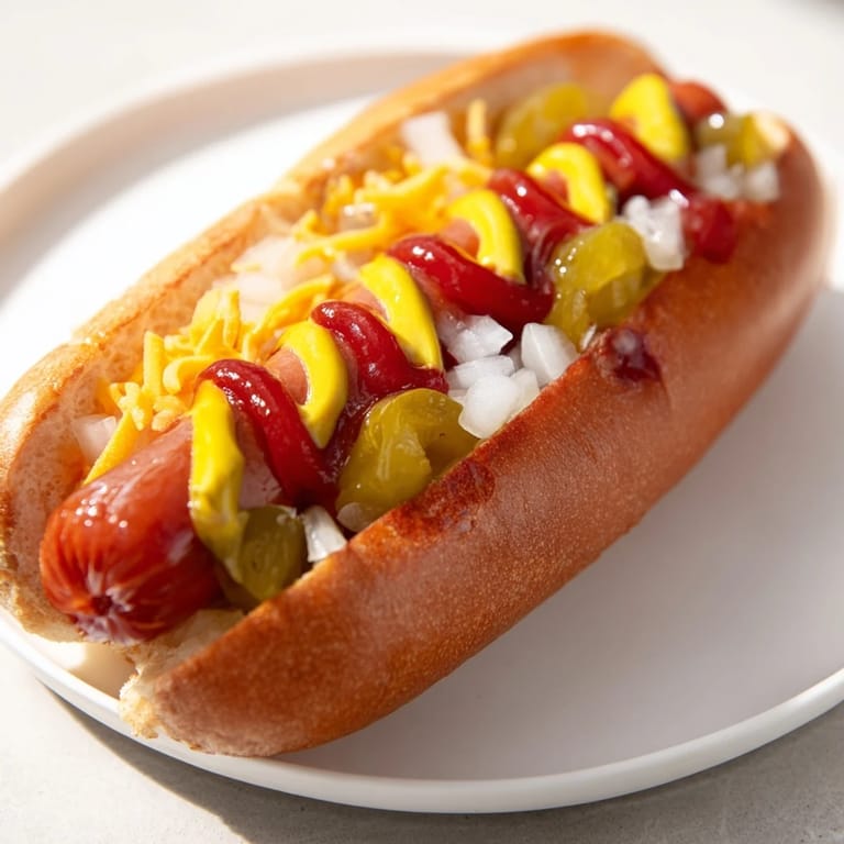 Perfectly assembled, delicious hot dogs with onion and mustard, a quick and easy American classic.