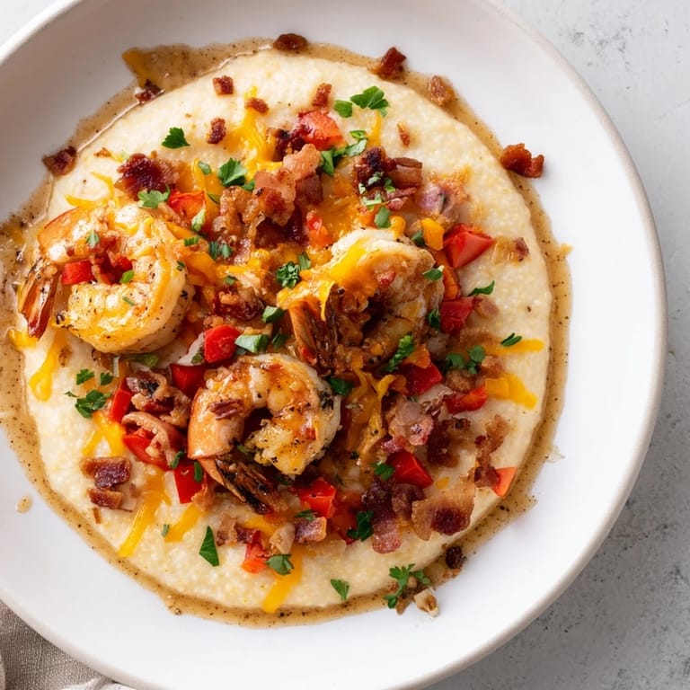 Imagine tender shrimp with bacon crumbles and grits; a delicious and savory Southern Shrimp and Grits creation.