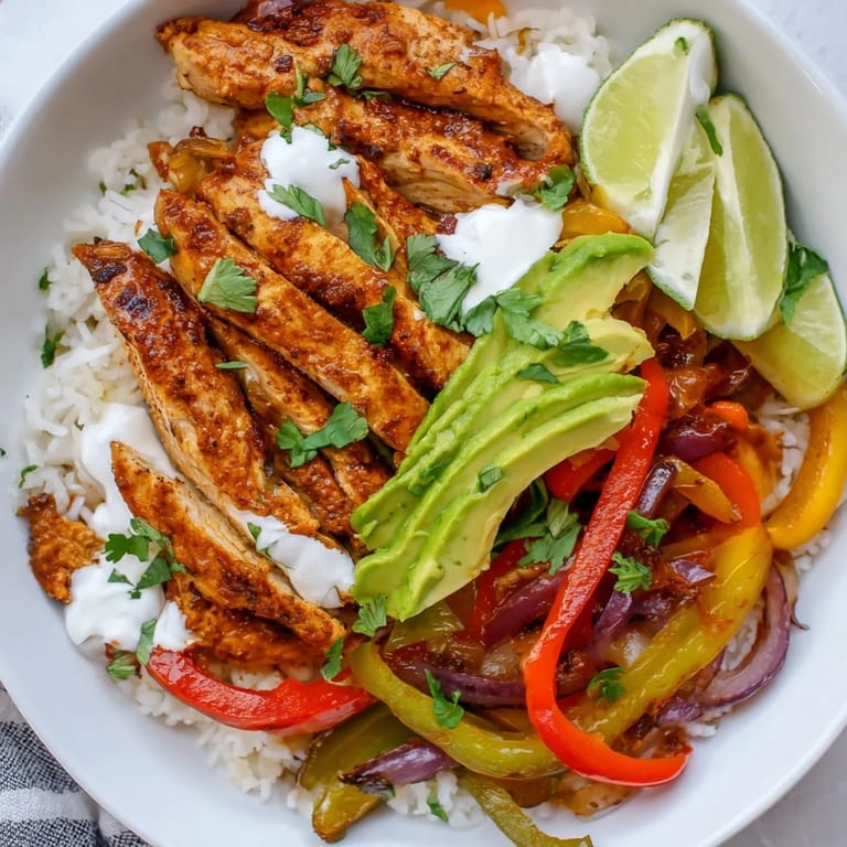 A steaming chicken fajita bowl, featuring tender chicken strips and colorful veggie fajita mix.