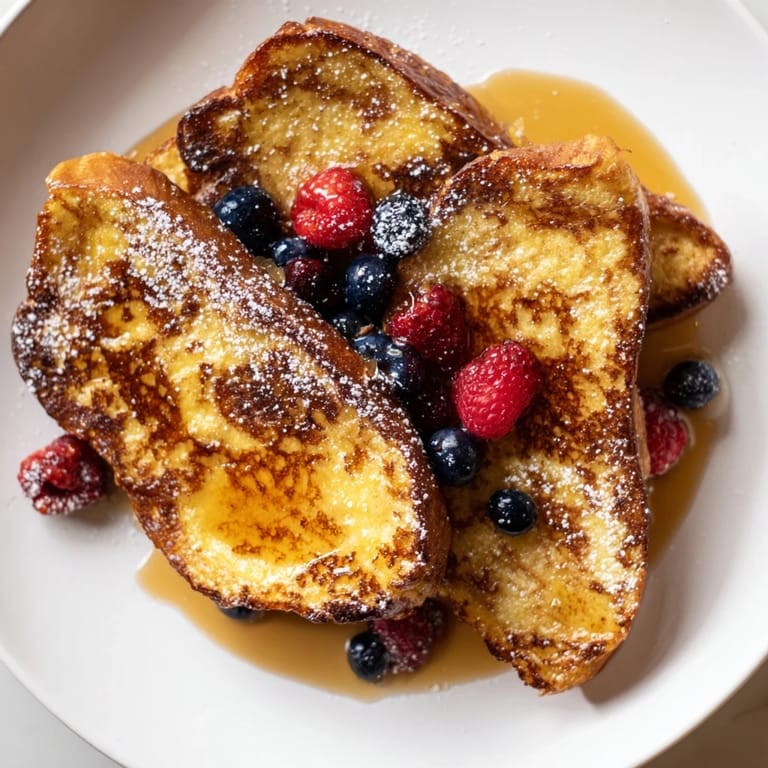 Homemade French toast, showcasing fluffy, custard-soaked bread and a dusting of powdered sugar.