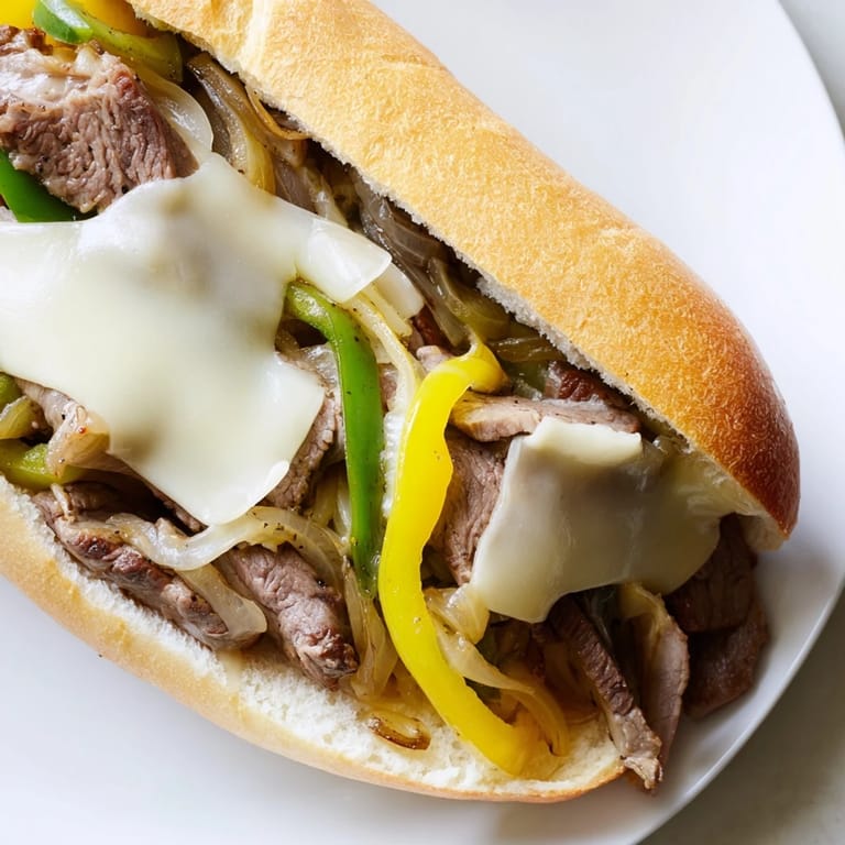 Golden-brown Philly cheesesteak, overflowing with steak, onions, and gooey cheese, a classic American treat.