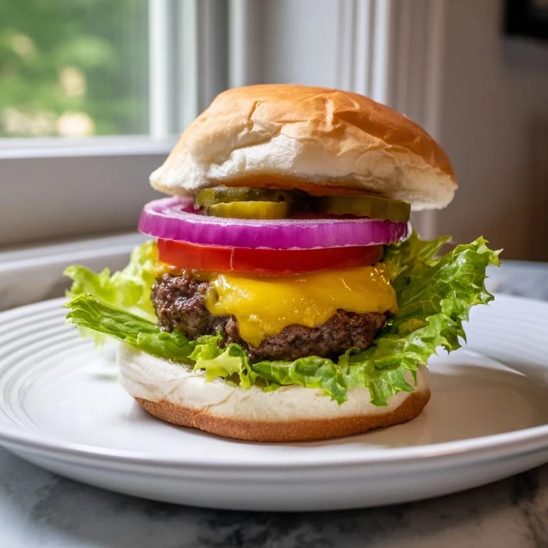 Close-up of a classic American hamburger; toasted bun, beef patty, and fresh, colorful toppings.