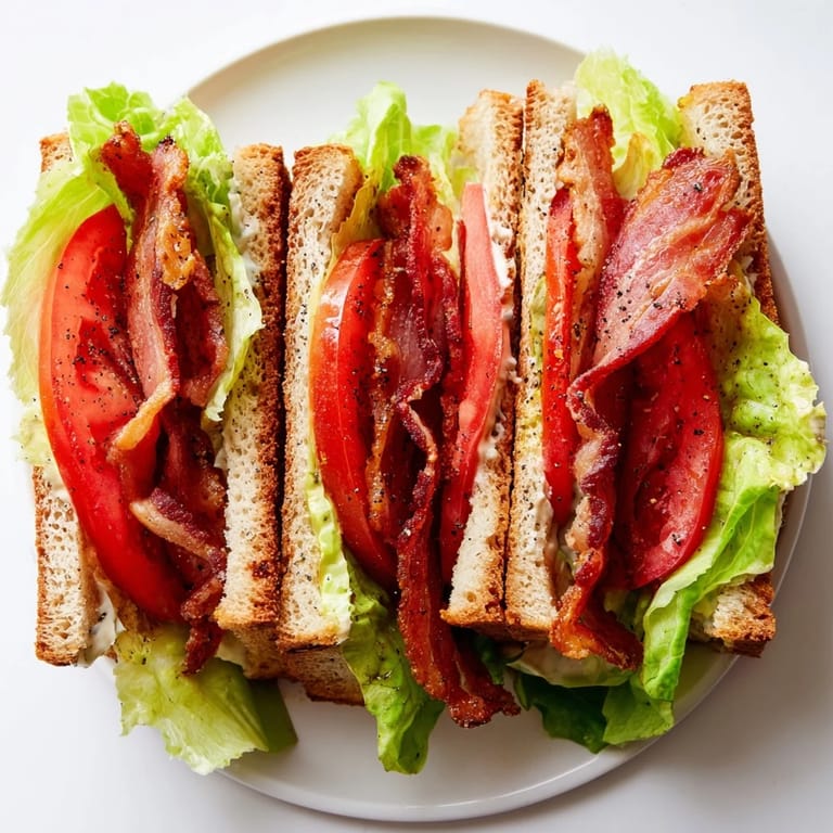 Golden-brown toasted bread overflowing with a classic BLT Sandwich, ready to eat now.