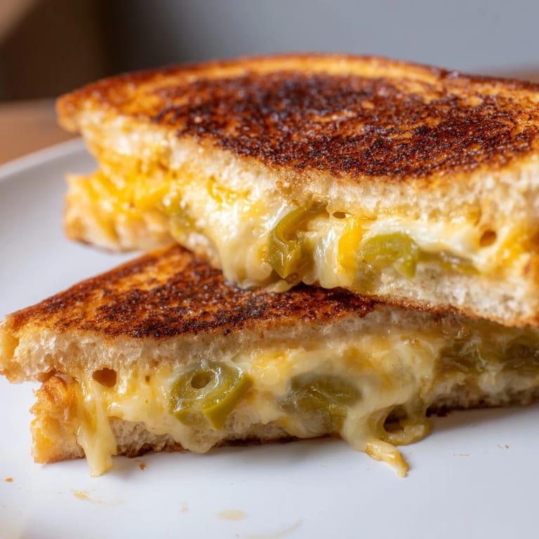 A close-up of homemade Cheddar Jalapeño Grilled Cheese shows crispy, buttery bread oozing with sharp cheddar and spicy pickled jalapeño slices.  