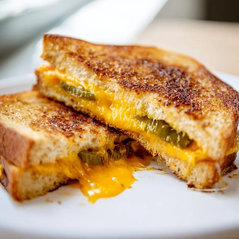 Steaming Cheddar Jalapeño Grilled Cheese halves sit beside a creamy bowl of tomato soup, perfect for a comforting vegetarian lunch.