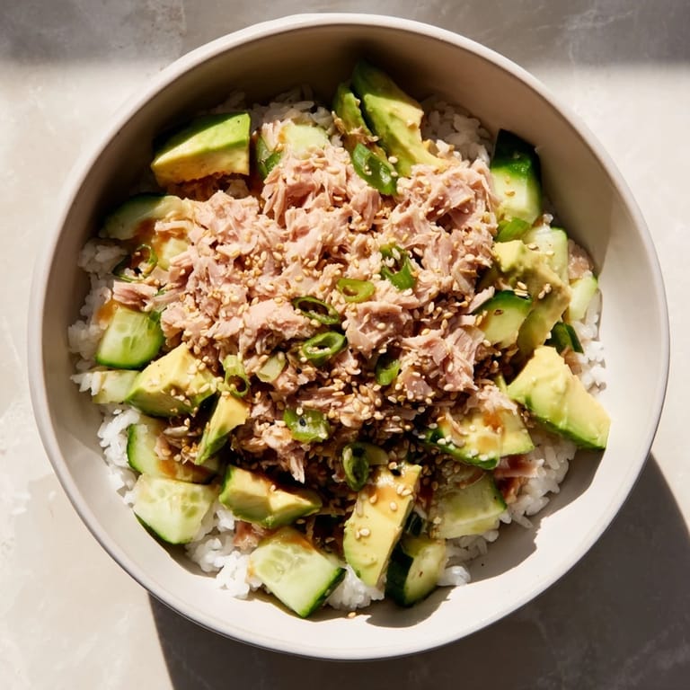 Fragrant jasmine rice topped with tender tuna chunks, diced avocado, crisp cucumber, and scallions, finished with toasted sesame seeds for a nourishing lunch bowl.