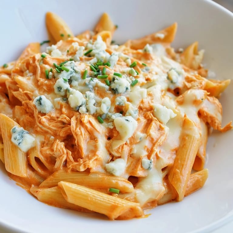 Freshly chopped green onions garnish this hearty Buffalo Chicken Pasta, with melty mozzarella sauce clinging to each penne noodle, ready for a weeknight dinner.