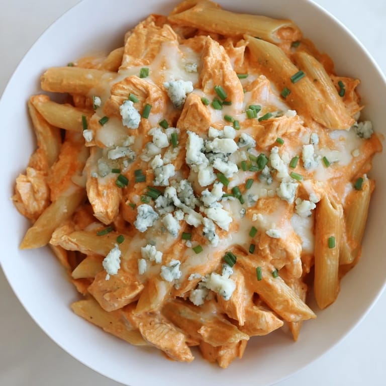 Savory Buffalo Chicken Pasta in a skillet, featuring shredded chicken coated in a rich, cheesy buffalo cream sauce, finished with crumbled blue cheese and chives.
