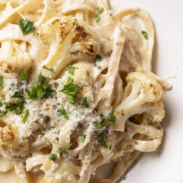 A skillet of hot fettuccine tossed in velvety Roasted Cauliflower Alfredo, garnished with fresh parsley and extra Parmesan, ready to serve for a comforting weeknight dinner.