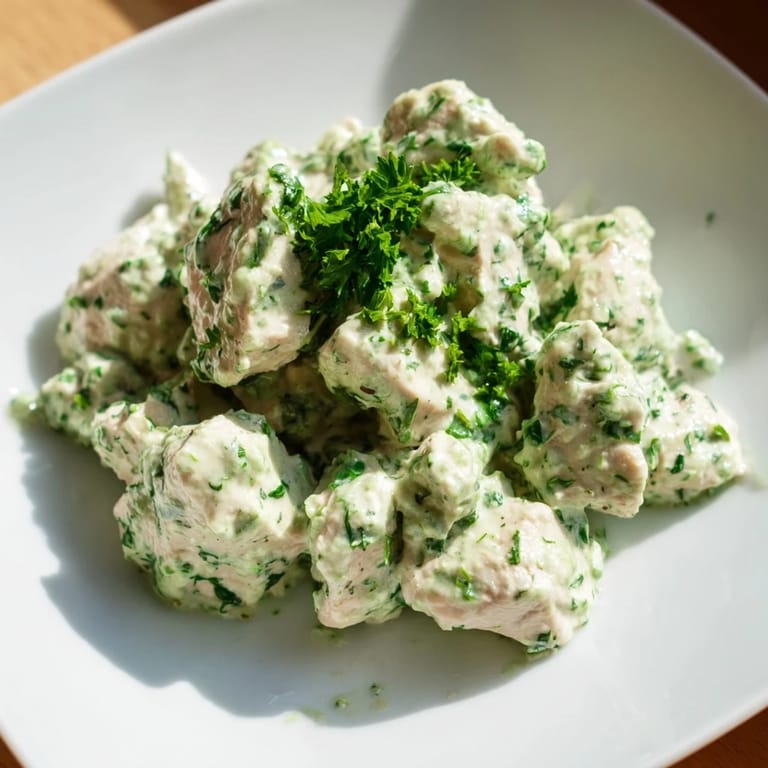Colorful plate of Green Goddess Chicken Salad with sliced avocado and cucumbers, perfect for a light lunch.
