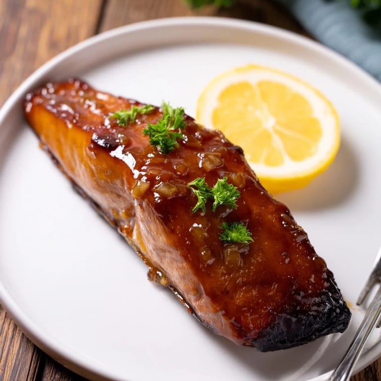 A close-up of tender honey garlic glazed salmon, brushed with buttery glaze and paired with steamed rice.