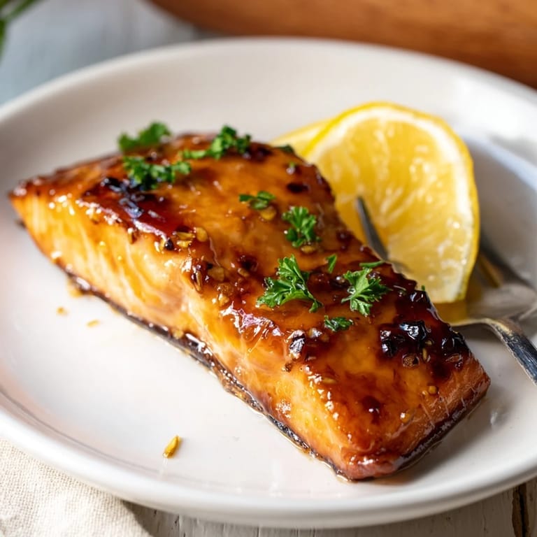 Golden-brown salmon fillets coated in a sticky honey garlic glaze, roasted to perfection with aromatic garlic notes.  
