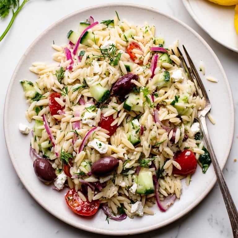 Freshly prepared Greek Orzo Salad featuring tender orzo pasta, crisp vegetables, and briny feta cheese, ready for a sunny picnic or potluck.
