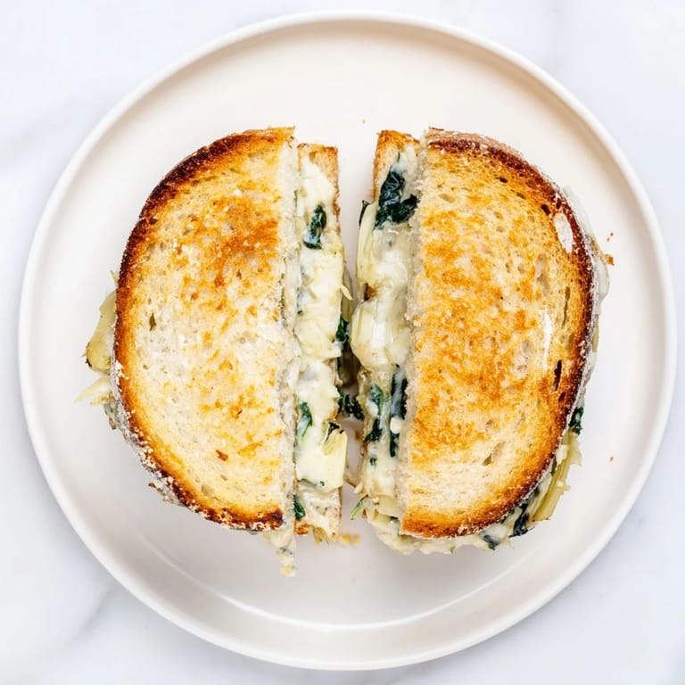 Spinach Artichoke Grilled Cheese served with a red bowl of tomato soup.