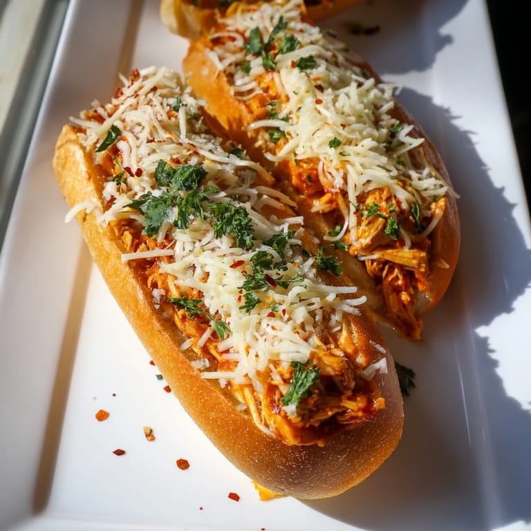 Slice of Chicken Parm Stuffed Garlic Bread reveals tender chicken in marinara, with bubbly cheese and fresh parsley garnish on a wooden board.